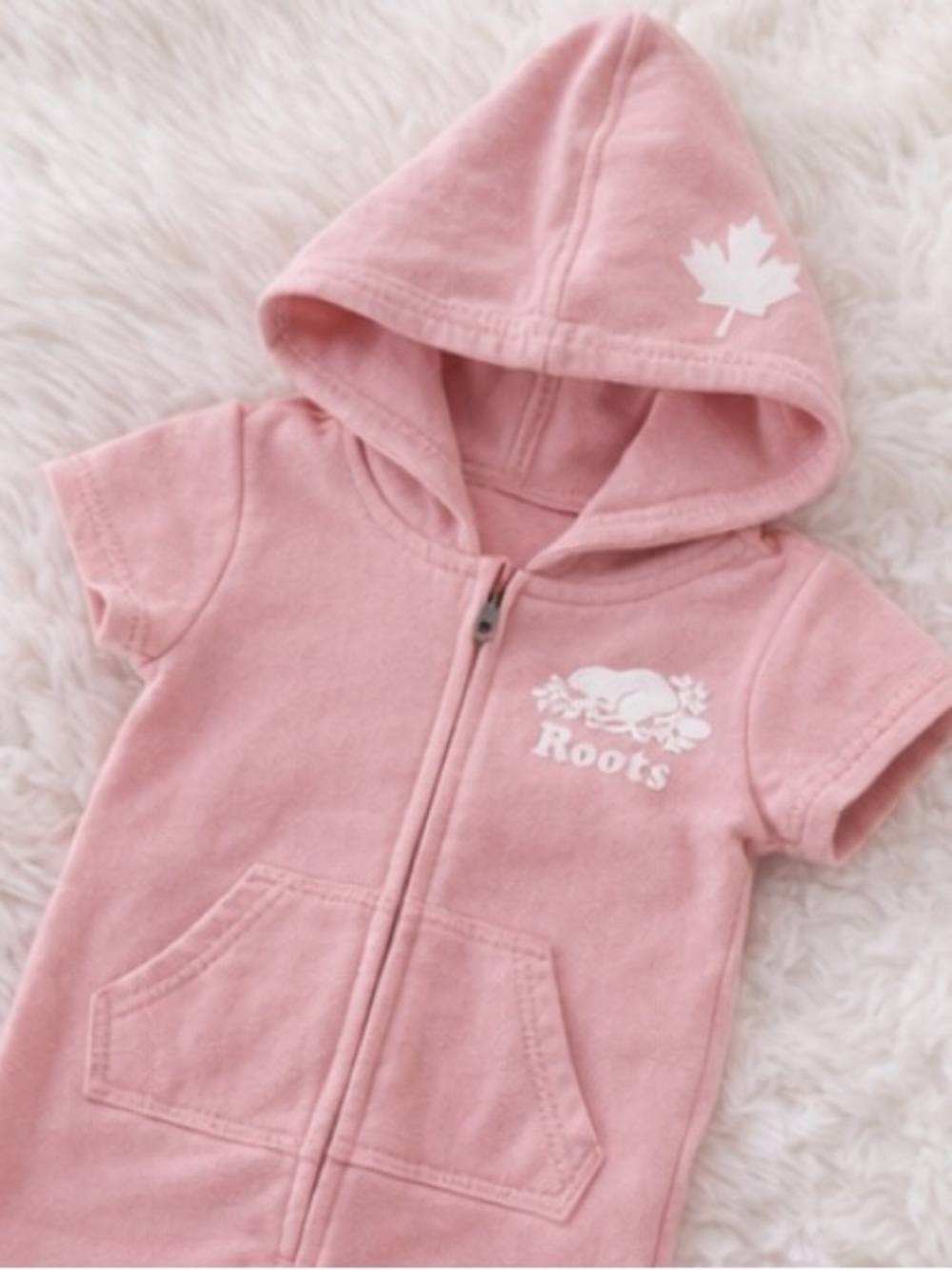 Roots Pink Hooded Short-Sleeve Baby One-Piece Romper